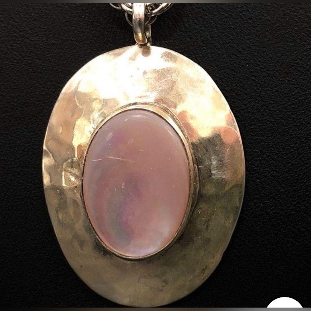 Vintage Signed Sterling Silver Mother of Pearl Pendant and Rope Chain